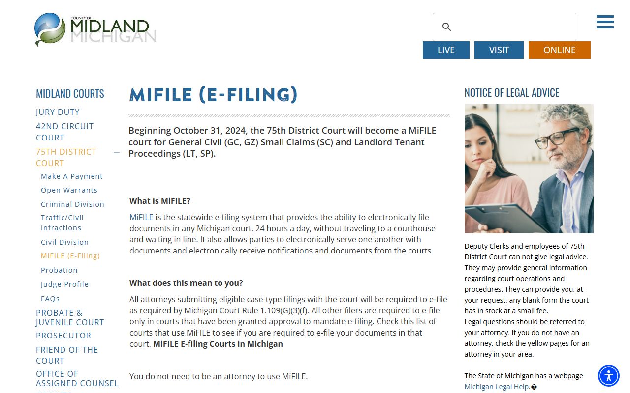 Midland County MiFILE notice for District Court electronic filing of court records