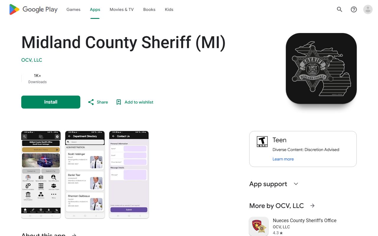 Midland County Sheriff app Google Play listing for arrest records