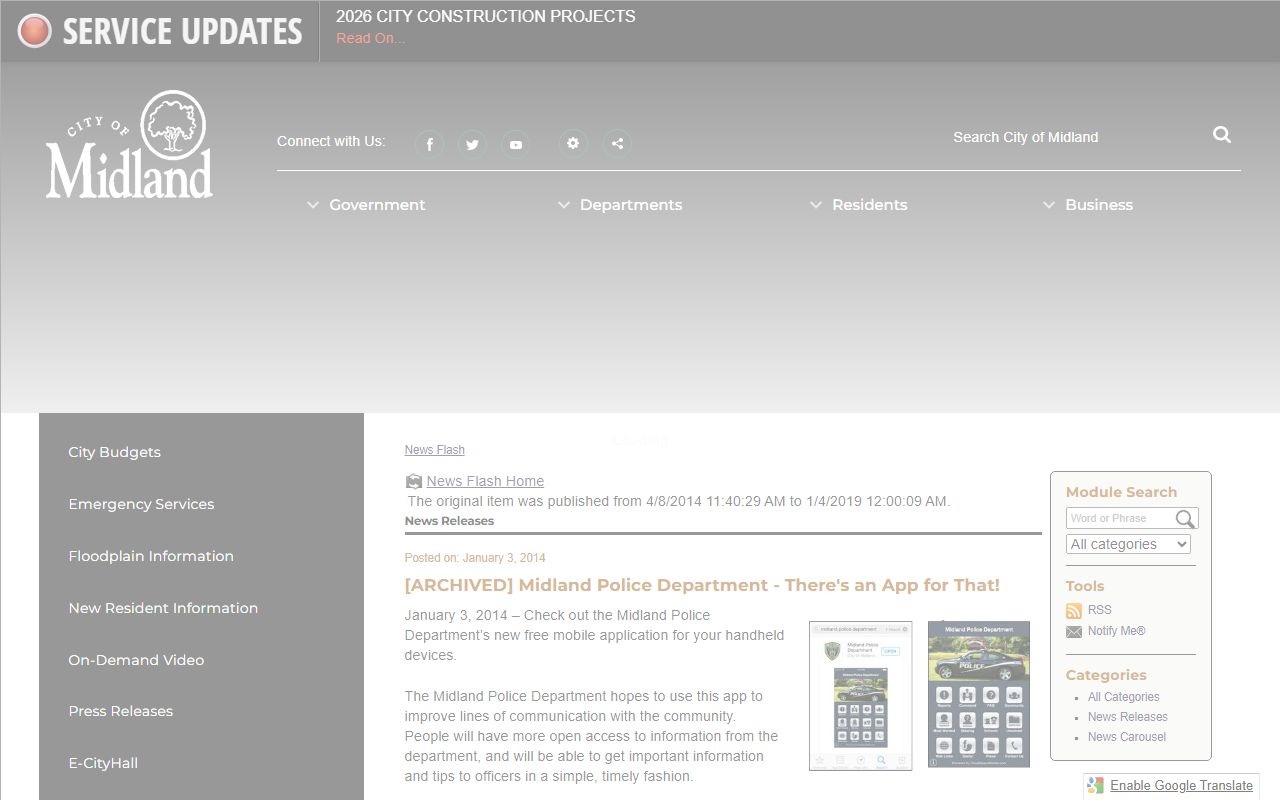 Midland Police Department app notice for arrest and charge records