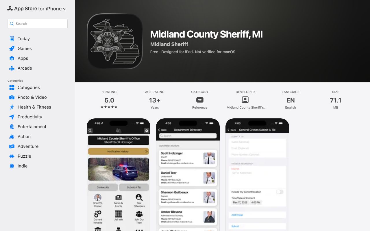 Midland County Sheriff app Apple App Store listing for charge records