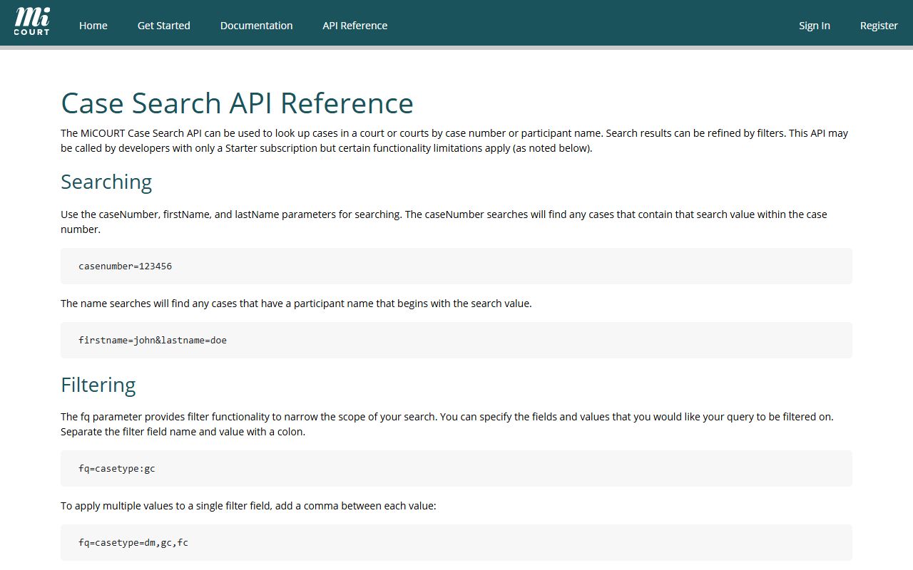 Midland County court records field reference in the MiCOURT Case Search API documentation