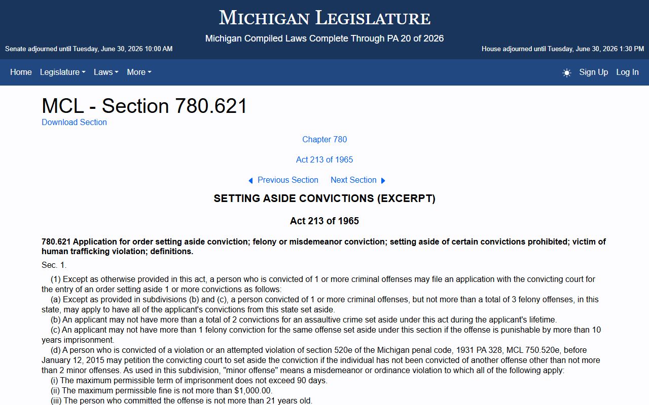 Midland County criminal court records Michigan conviction set-aside statute