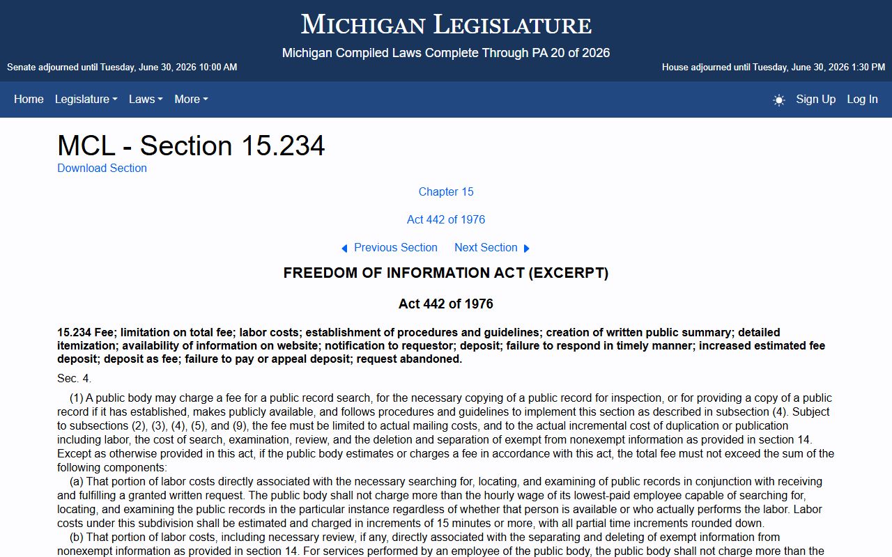 Michigan FOIA fee statute affecting Midland County court records copies
