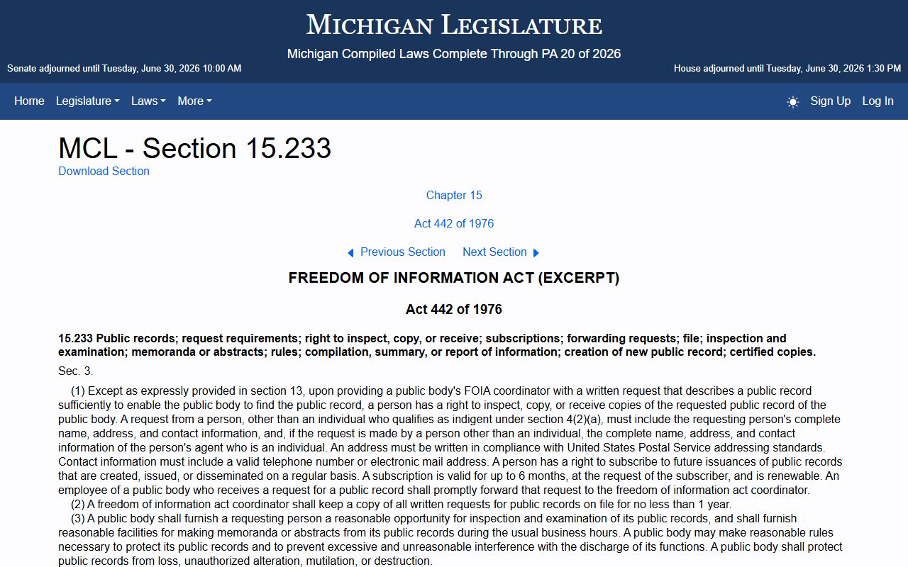 Michigan public-records statute behind Midland County court records access