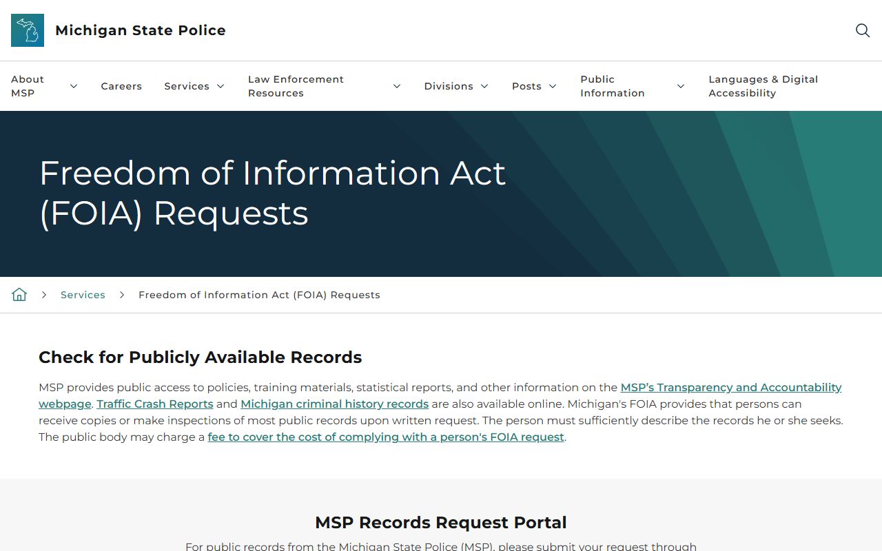 Michigan State Police FOIA page for Midland County public records requests