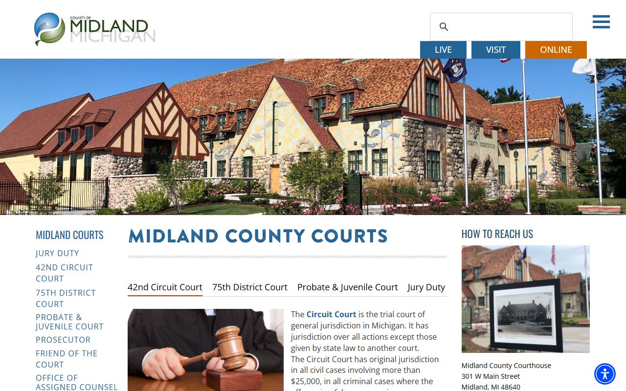 Midland County Courts landing page listing court records and case contacts