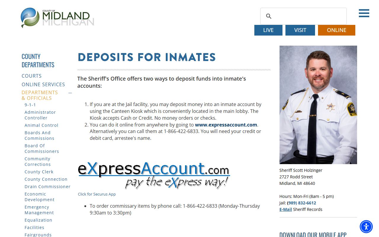 Midland County inmate deposits and commissary account funding page
