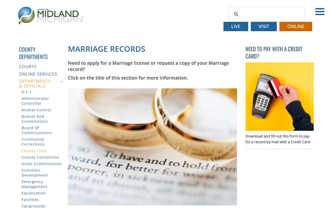 Midland County marriage records request page and certified copy fees