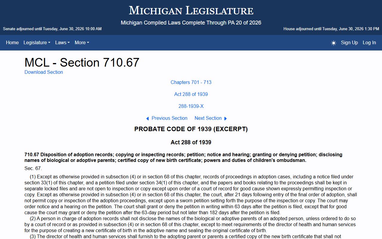 Michigan adoption record access statute for Midland County probate records