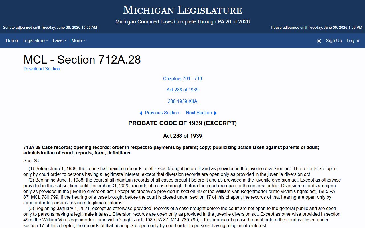 Michigan juvenile court record access law affecting Midland County probate records