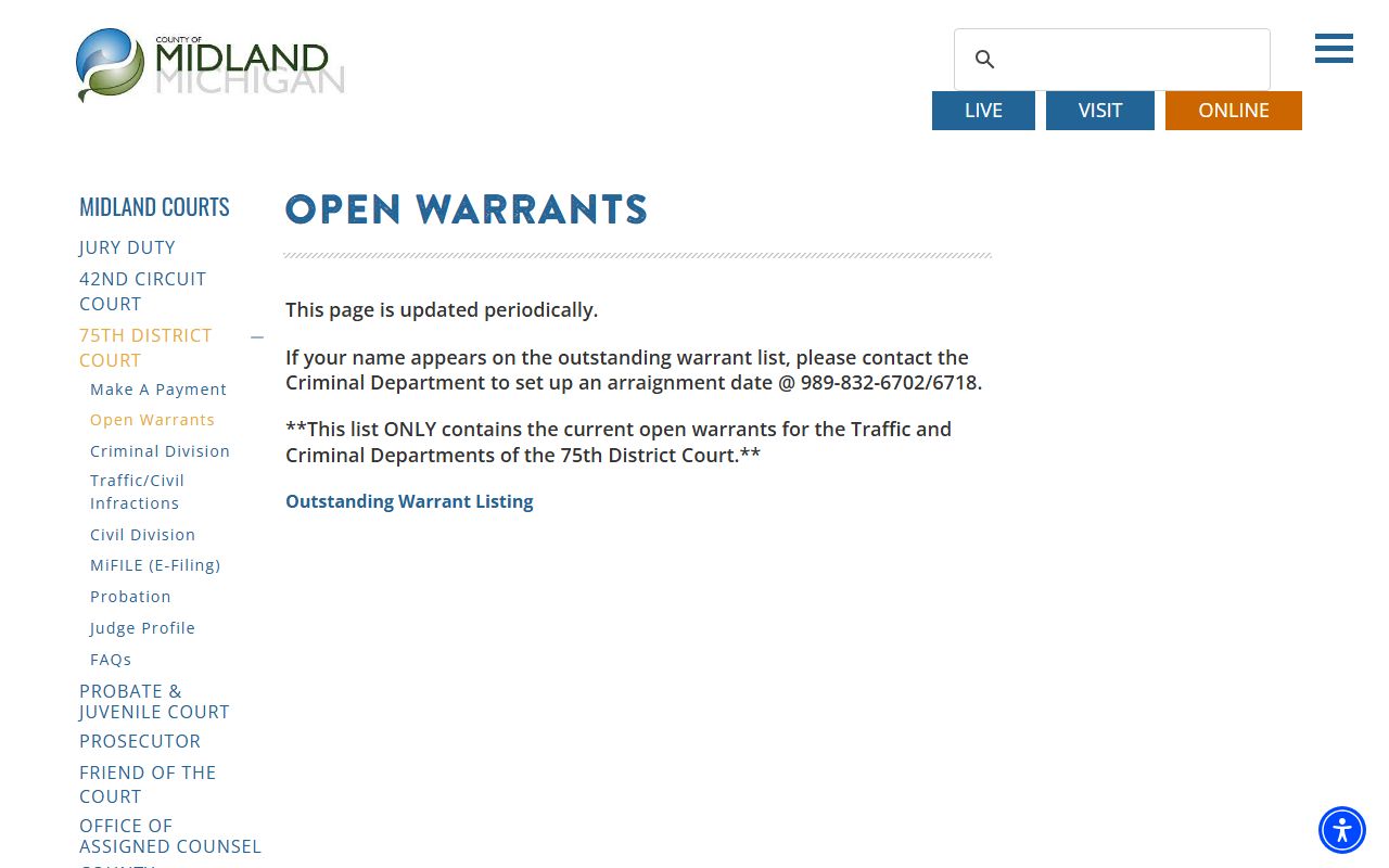 Midland County warrant search 75th District Court open warrants page